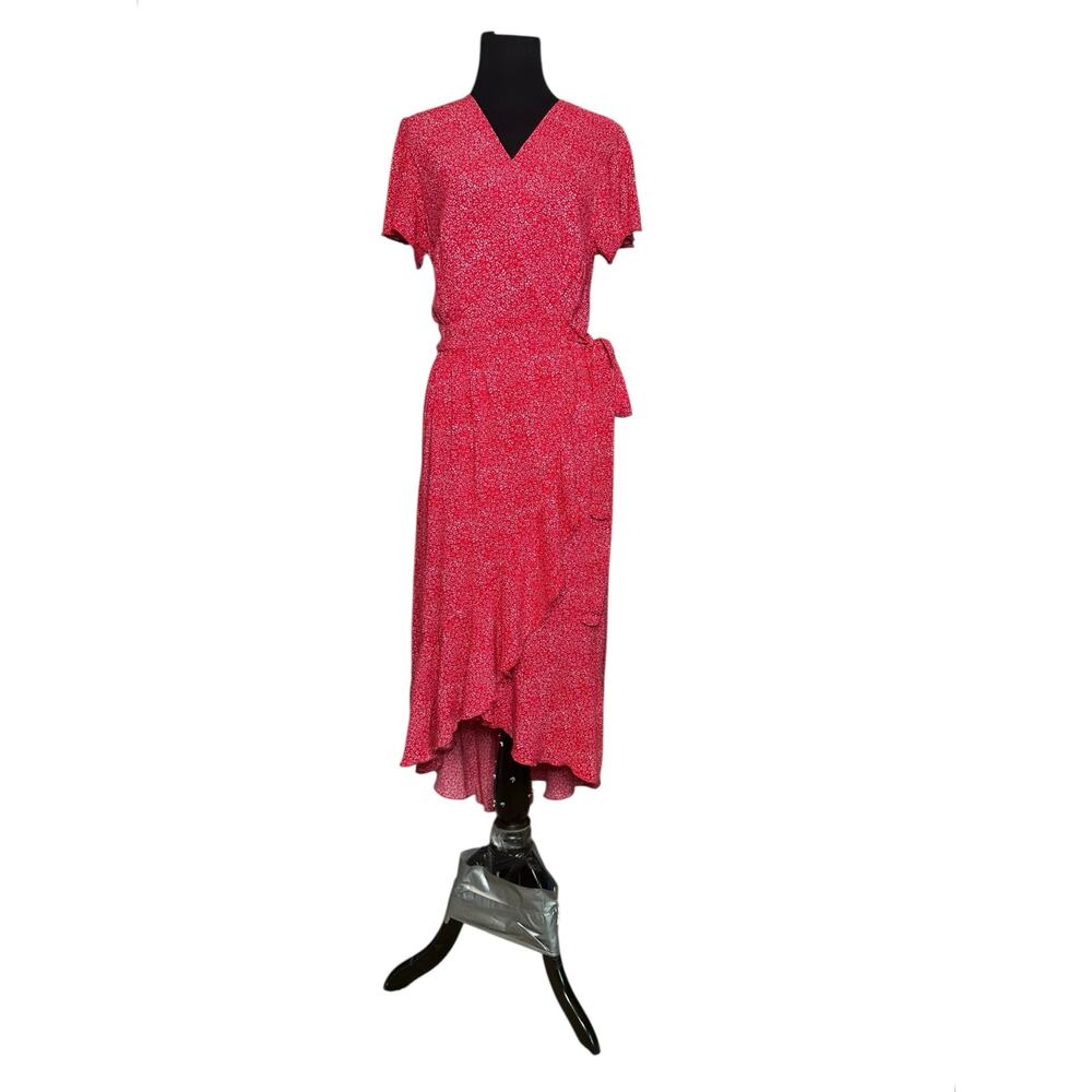 Zesica red white print short sleeves wrap midi dress size Small - Picture 13 of 16